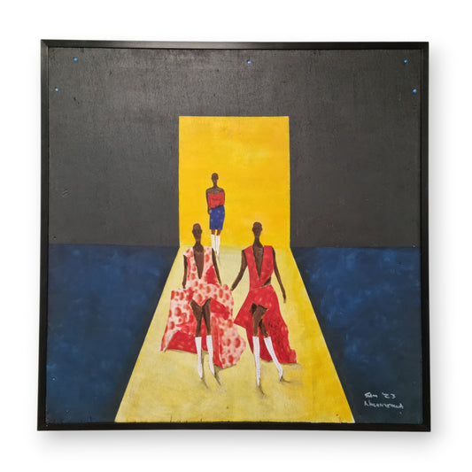 Sam Nhlengethwa, Models Rehearsing, Acrylic, oil and Collage on Canvas, 2023